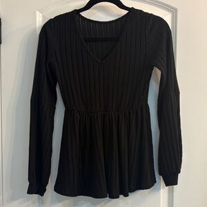 SHEIN Elegant Black Ribbed V-Neck Blouse